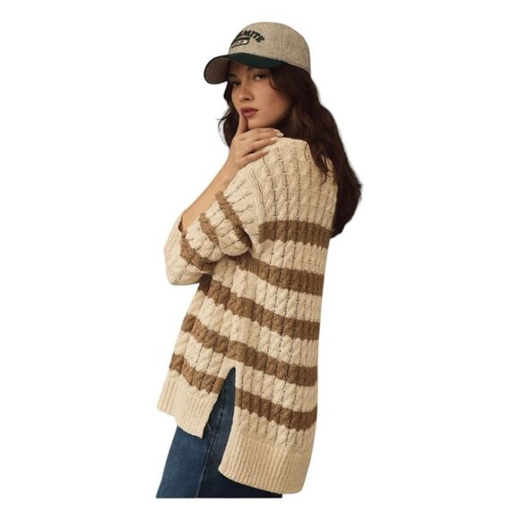 Pilcro Anthropologie Cable Knit Sweater Cream Brown Longline Stitch Striped Crew - Picture 4 of 9